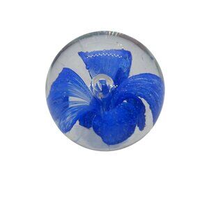 Handcrafted Glass Paperweight Vibrant Cobalt Blue Floral Design Art Glass Vtg